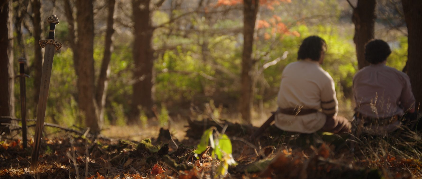 Two young men sit in an autumn forest, swords planted in the ground beside them